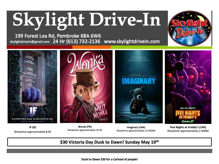 Sunday Dusk to Dawn Skylight Drive-In Opening weekend! IF (Imaginary Friends) and Wonka, then Imaginary followed by Five Nights at Freddy's All 4 movies, one low price!