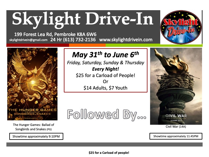 Skylight Drive-In! The Hunger Games: The Ballad of Songbirds & Snakes  AND Civil War