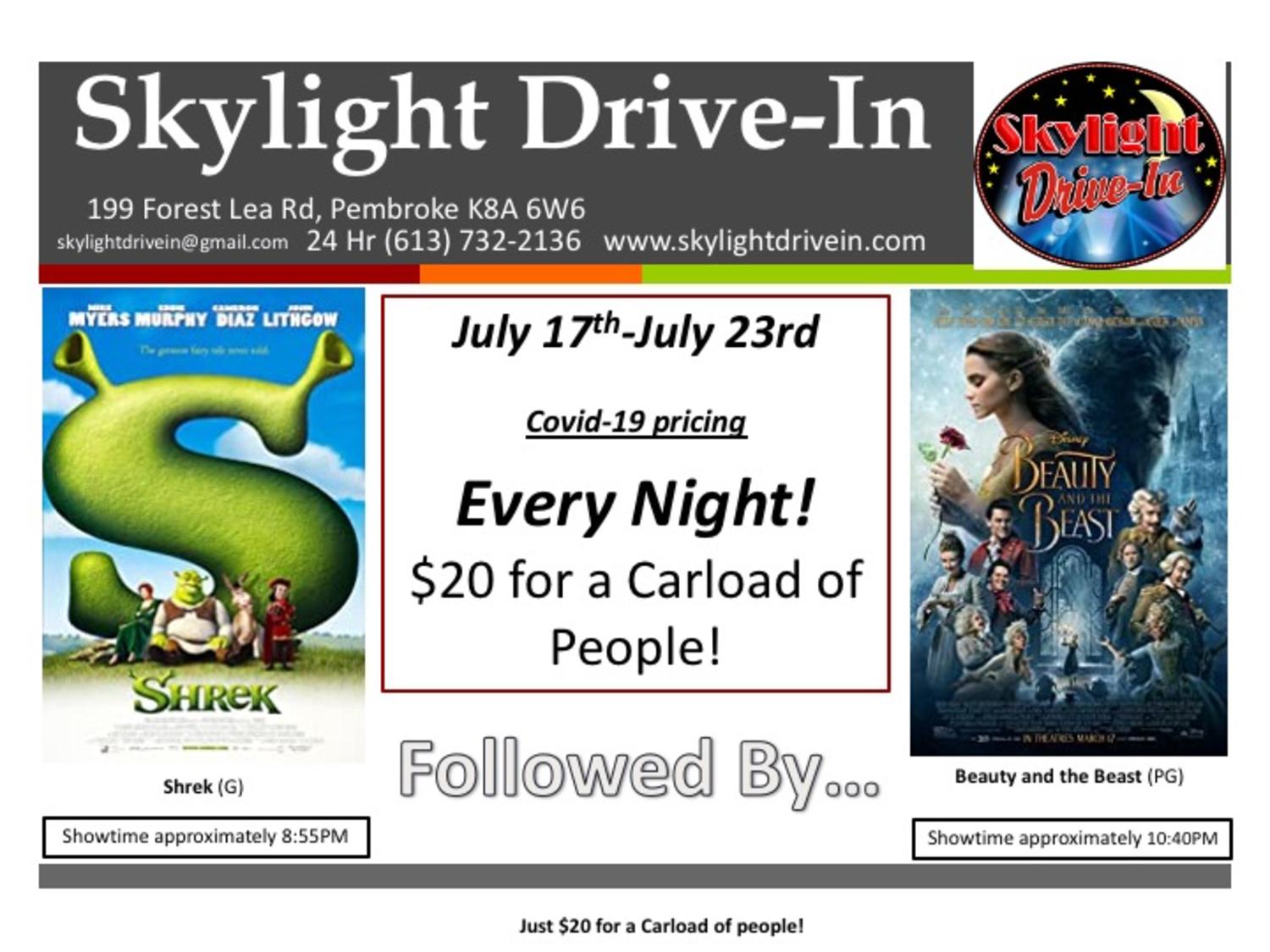 Skylight Drive-In featuring Shrek followed by Disney's Beauty And The Beast