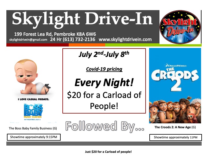 Skylight Drive-In featuring The Boss Baby Family Business followed by Croods 2: A New Age