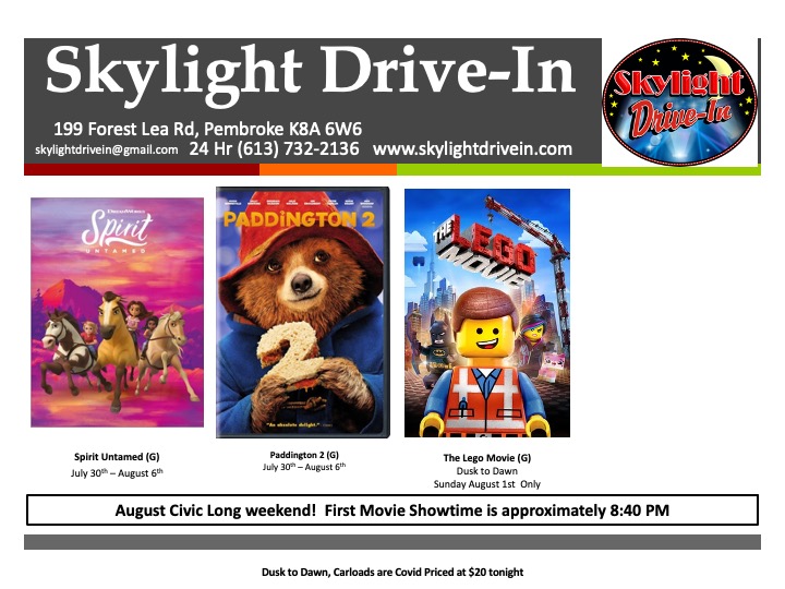 Skylight Drive-In Dusk to Dawn featuring Spirit Untamed,  Paddington 2 and The Lego Movie