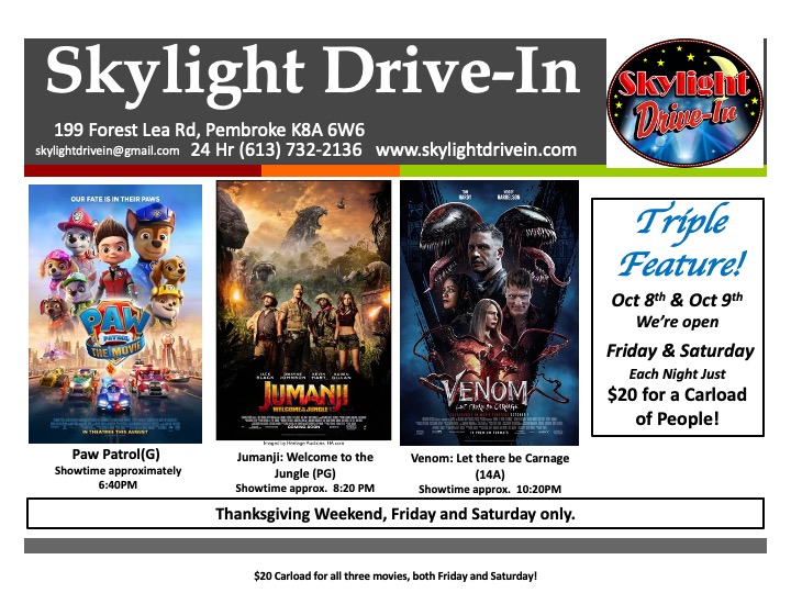 Skylight Drive-In Triple Feature, PAW Patrol: The Movie  With Jumanji: Welcome to the Jungle AND  Venom: Let there be Carnage 
