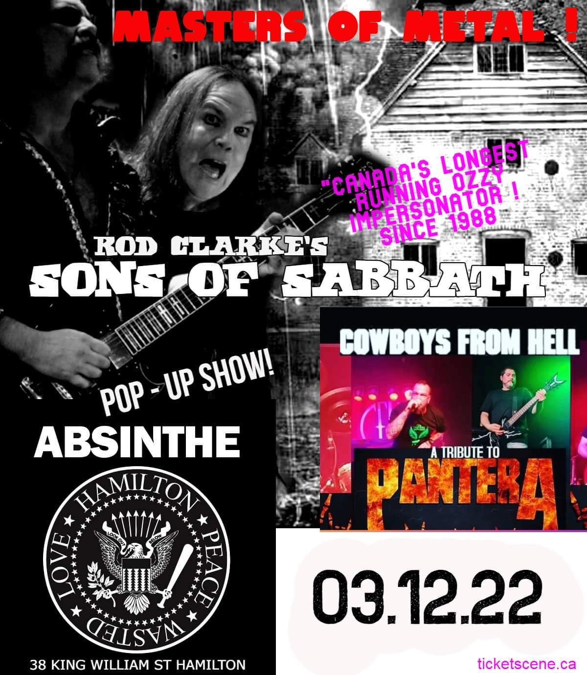 Absinthe Presents POP- UP Show Masters of Metal Tributes To Black Sabbath And Pantera Featuring Rod Clarke's Sons Of Sabbath With Special Guest Cowboys from Hell-