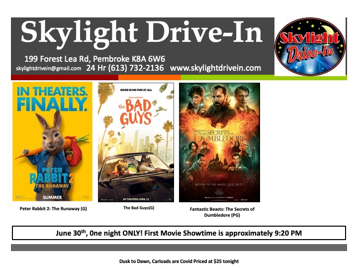 Skylight Drive-In Dusk to Dawn! Peter Rabbit 2: The Runaway then The Bad Guys followed by Fantastic Beasts: The Secrets of Dumbledore