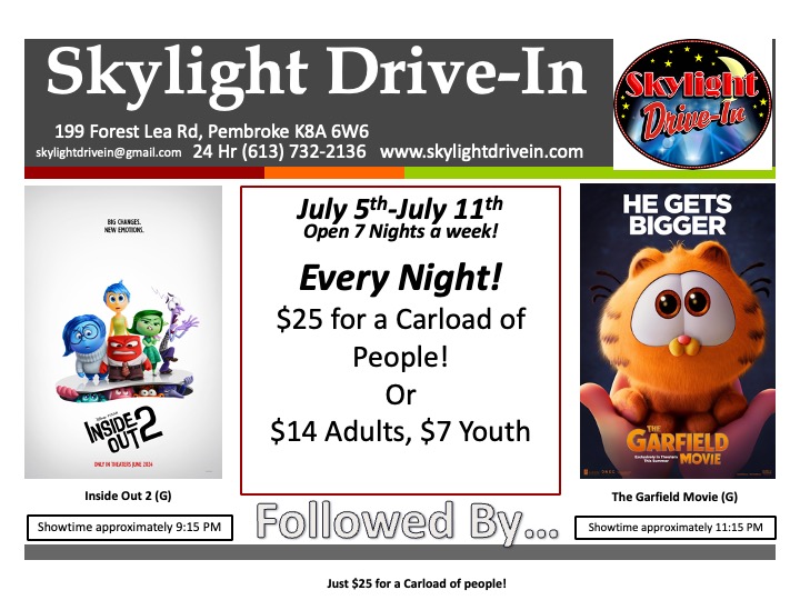 Skylight DriveIn! Inside Out 2 Followed by The Garfield Movie Inside