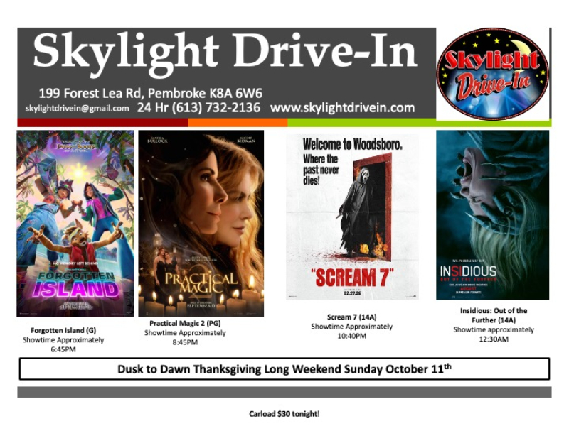 DUSK TO DAWN! Skylight Drive-In! Forgotten Island Followed By... Practical Magic 2, then Scream 7 then Insidious: Out of the Further